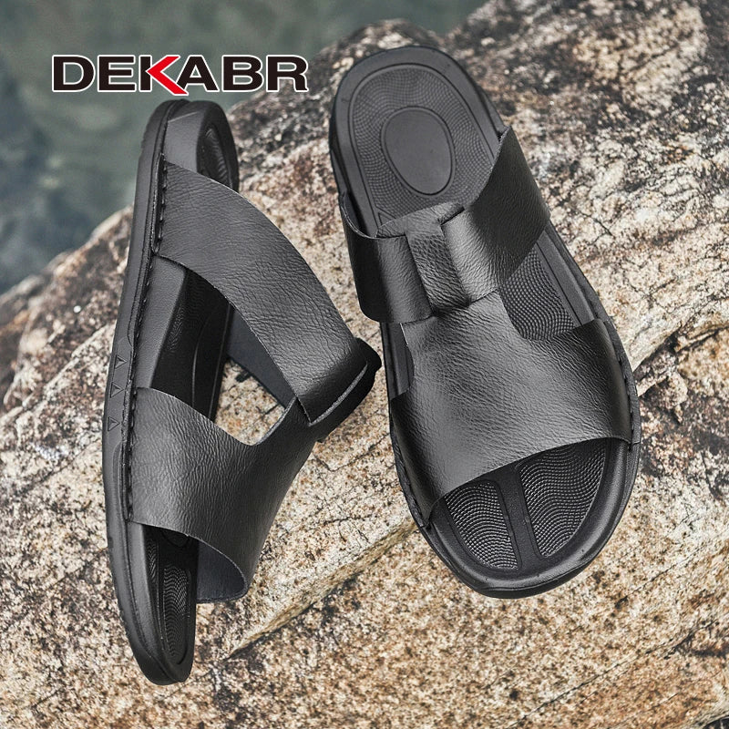 DEKABR Men's Summer Sandals Cow Leather Open Toe Slip-On Leisure Classical Flat Bottom Soft Shoes Size 37-46