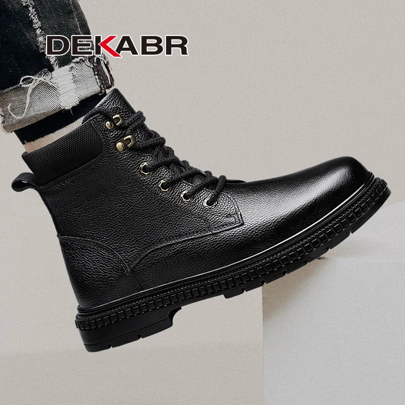 DEKABR New Fashion Comfortable Men Ankle Boots Genuine Leather Autumn Winter Warm Fur Plus Casual Black Boots Size 36-46