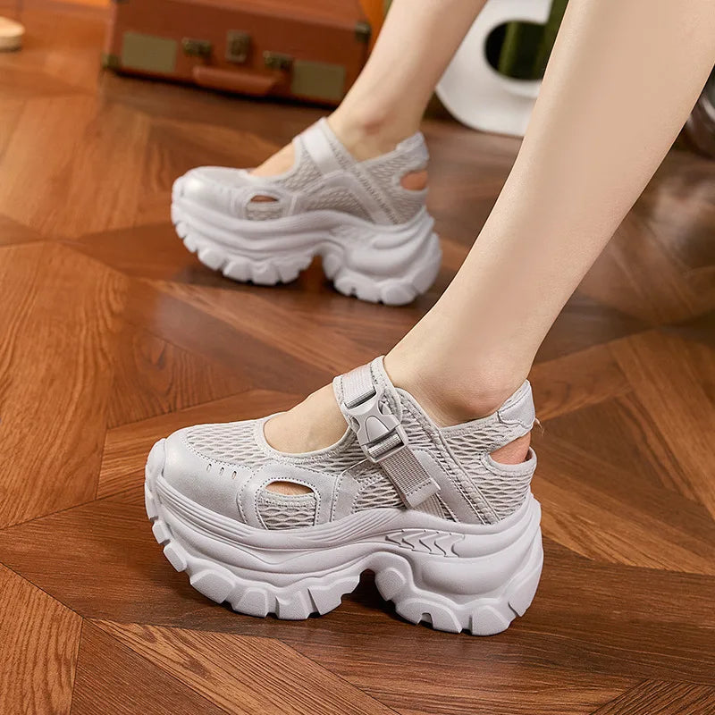 Fujin 9cm Air Mesh Microfiber Leather High Brand Comfy Platform Wedge Fashion Summer Chunky Sneaker Buckle Mary Jane Shoes Women