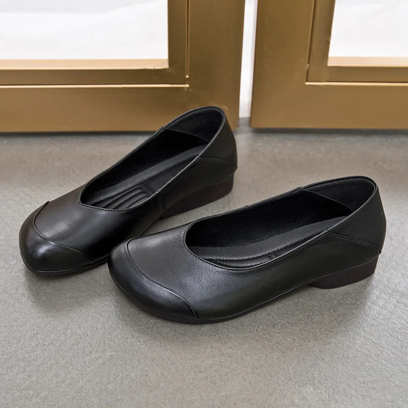 WOIZGIC Women Mother Female Ladies Genuine Leather Shoes Flats Loafers Non Slip On Retro Ballerina National Moccasins Round Toe