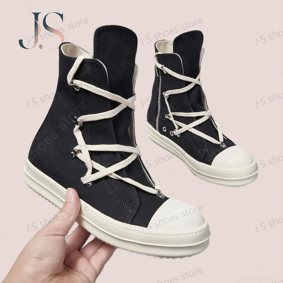 R-o Designer Boots Men Black Canvas Shoe Lace Up Pentacle Women Casual Sneakers High Top Shoes Ro Sneaker Flat Ankle Boot