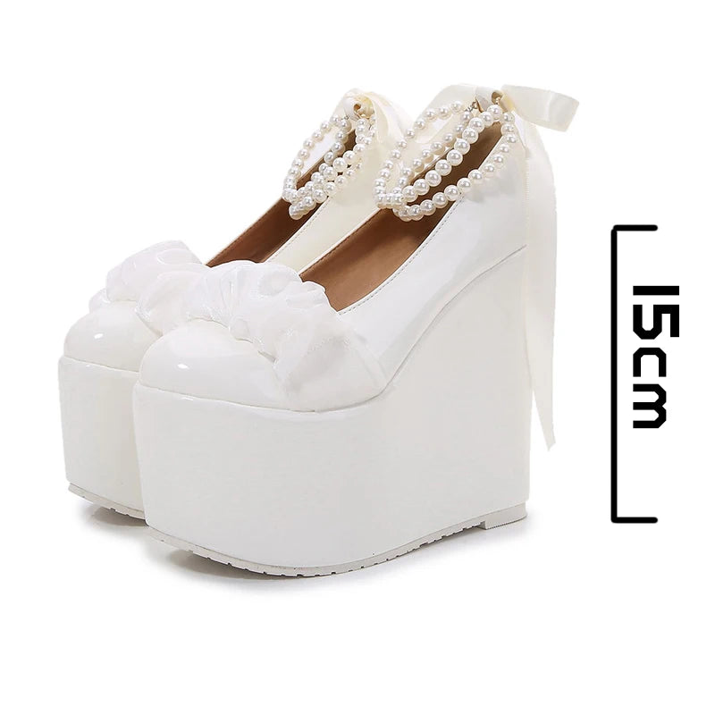 Fujin 15cm 12cm 10cm Sweet High Heel Platform Shoes Wedge Heels Pumps Women Shoes Bride Wedding Rhinestone White Shoes Elegant