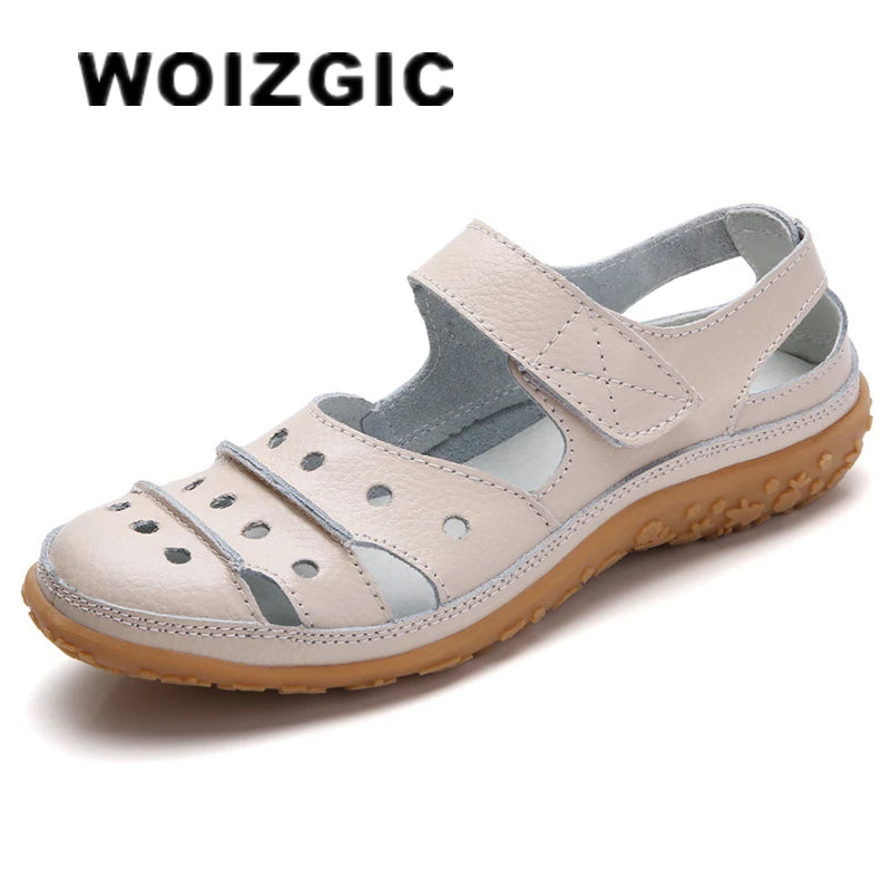 WOIZGIC Sandales en cuir véritable pour femmes, chaussures blanches, crochet et boucle, pour l'été, la plage, creuses et souples, LLX-9566