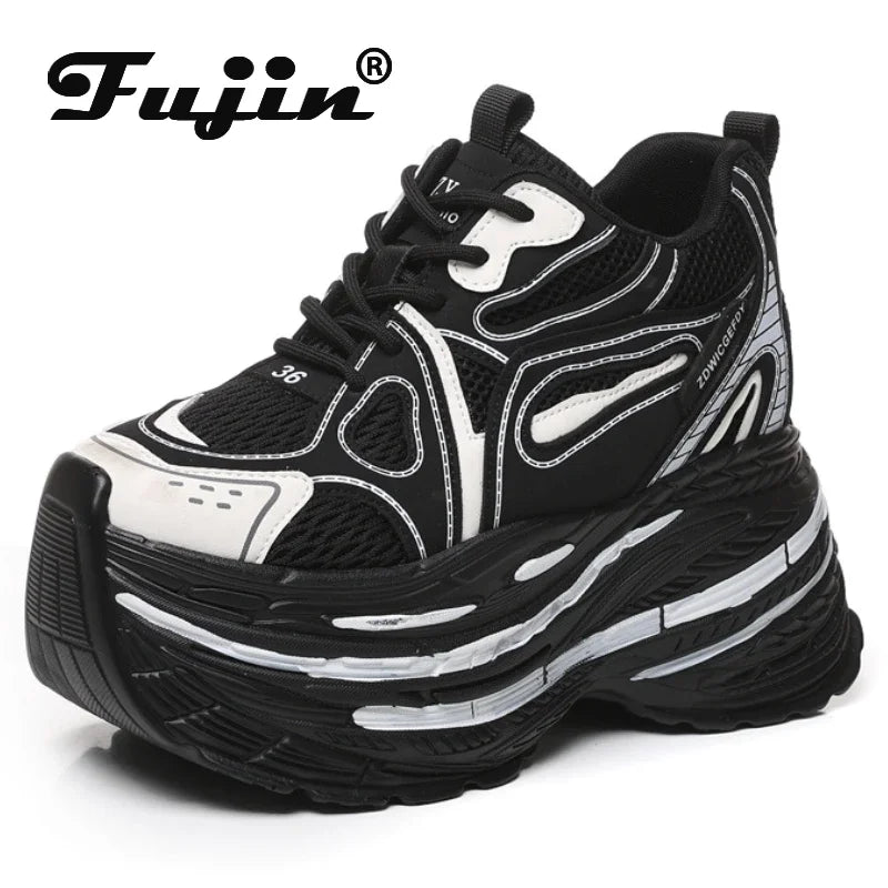 Koznoy 10CM Air Mesh Microfiber Leather Autumn Vulcanize Fashion Women Chunky Sneakers Mixed Color Platform Wedge Causal Shoes