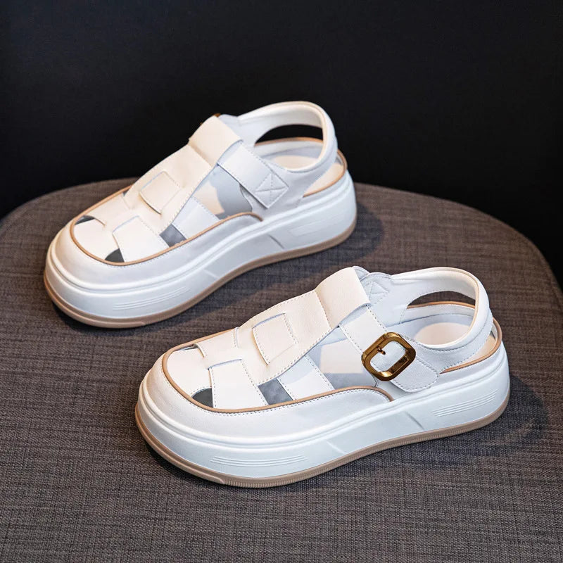 Fujin 5cm Cow Weave Genuine Synthetic Leather Pumps Platform Wedge Hook Summer Hollow Sandals Flats Women Slippers Fashion Shoes