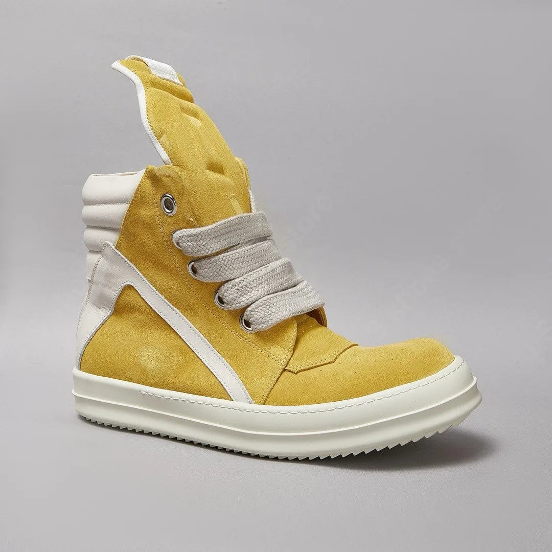 Ro Men Shoe Yellow Suede Boots Outoor High Top Casual Shoes Jumbo Laces White Leather Zipper Women Sneaker Cowhide Ankle Boot