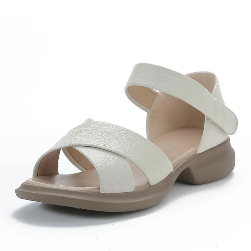 DRKANOL Women Sandals 2025 Summer Open Toe Shoes Solid Color Concise Genuine Leather Thick Heel Hook And Loop Casual Sandals