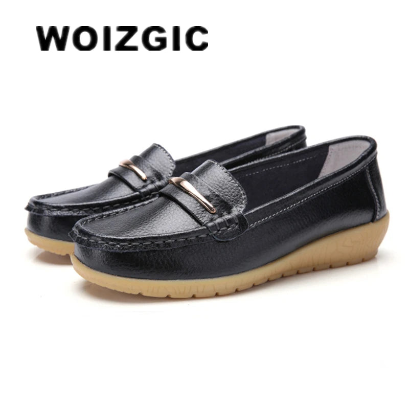 WOIZGIC Femmes Mère Dames Femme Femme Chaussures Plates En Cuir Véritable Mocassins Plateforme Bling Sans Lacet Mocassins Grande Taille 43 44