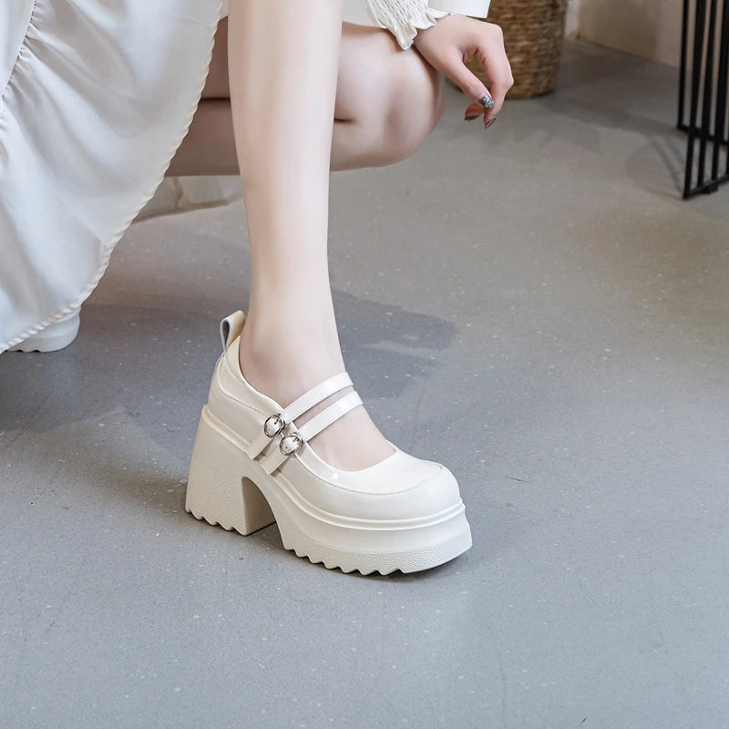 AUTUSPIN 10cm Mary Jane Women Pumps Fashion Platform Thick High Heels Spring Autumn Japanese Style Patent Split Leather Shoes