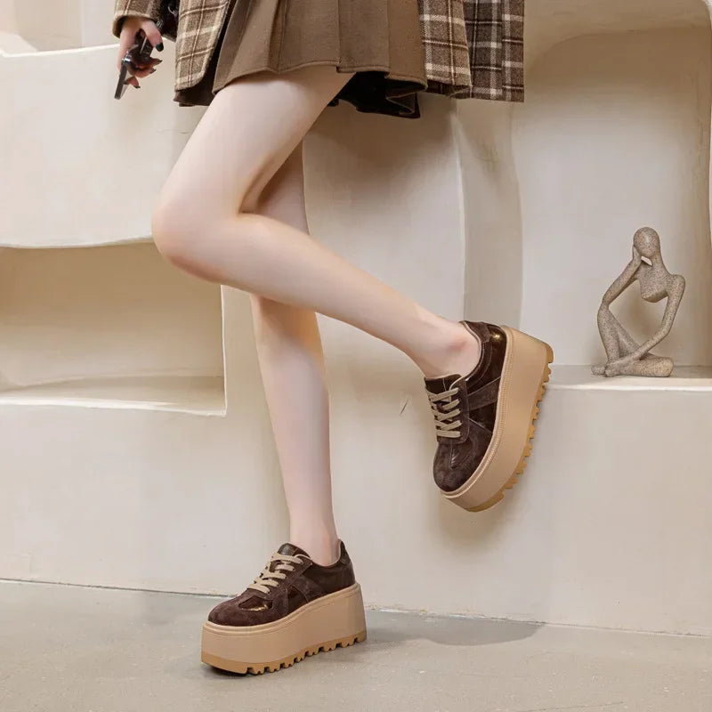 Fujin 8cm Suede Leather Mesh Platform Shoes Wedge Sneakers for Women Hidden Heel Increased Shoes Spring Autumn Sneakers Female