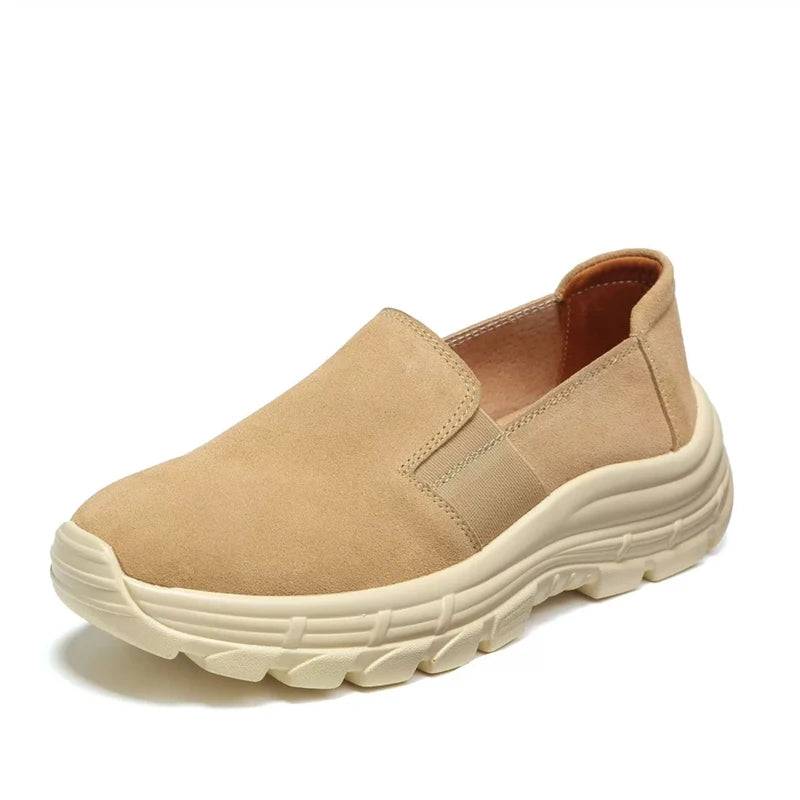 WOIZGIC Chaussures plates pour femmes, mocassins en cuir véritable, en daim de vache, antidérapantes, respirantes et vulcanisées