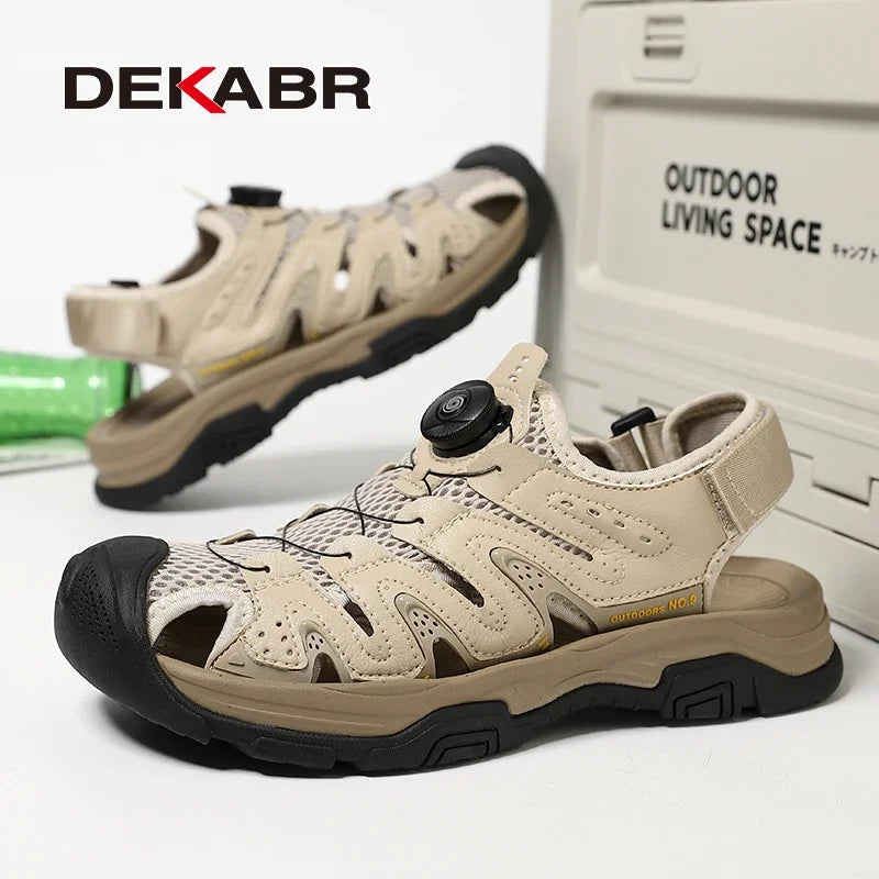 DEKABR Summer Men Sandals Genuine Leather Quick Lacing Roman Beach Shoes Plus Big Size 38-47