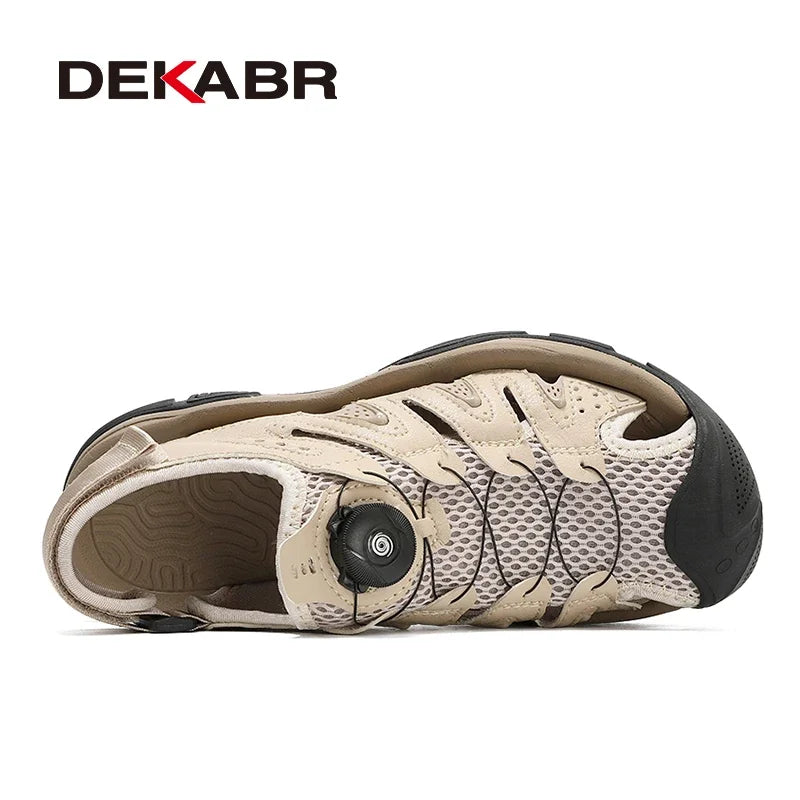 DEKABR Summer Men Sandals Genuine Leather Quick Lacing Roman Beach Shoes Plus Big Size 38-47