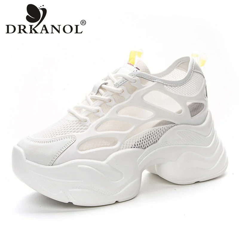DRKANOL 2025 Fashion Women Thick Sole Casual Sneakers Summer Breathable Air Mesh Height Increasing Wedges White Vulcanized Shoes