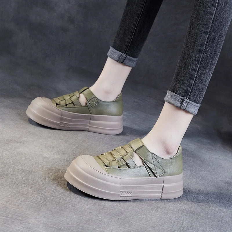 DRKANOL 2025 Fashion Genuine Leather Chunky Platform Shoes Summer Woven Hollow Breathable Thick Bottom Loafer Casual Roman Shoes