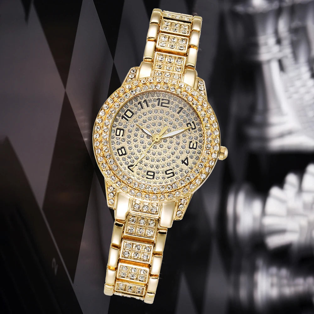 2PCS Luxury Women's Gold Watch Fashion Women's Quartz Heart Diamond WristWatch Elegant Women's Bracelet Watch Set Reloj Mujer