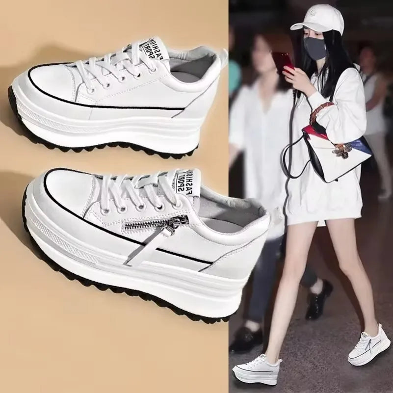 Fujin 2024 8cm Genuine Leather Women Platform Shoes Wedge Sneakers Women Casual Shoes Spring Autumn Hidden Heel Zapatillas Mujer