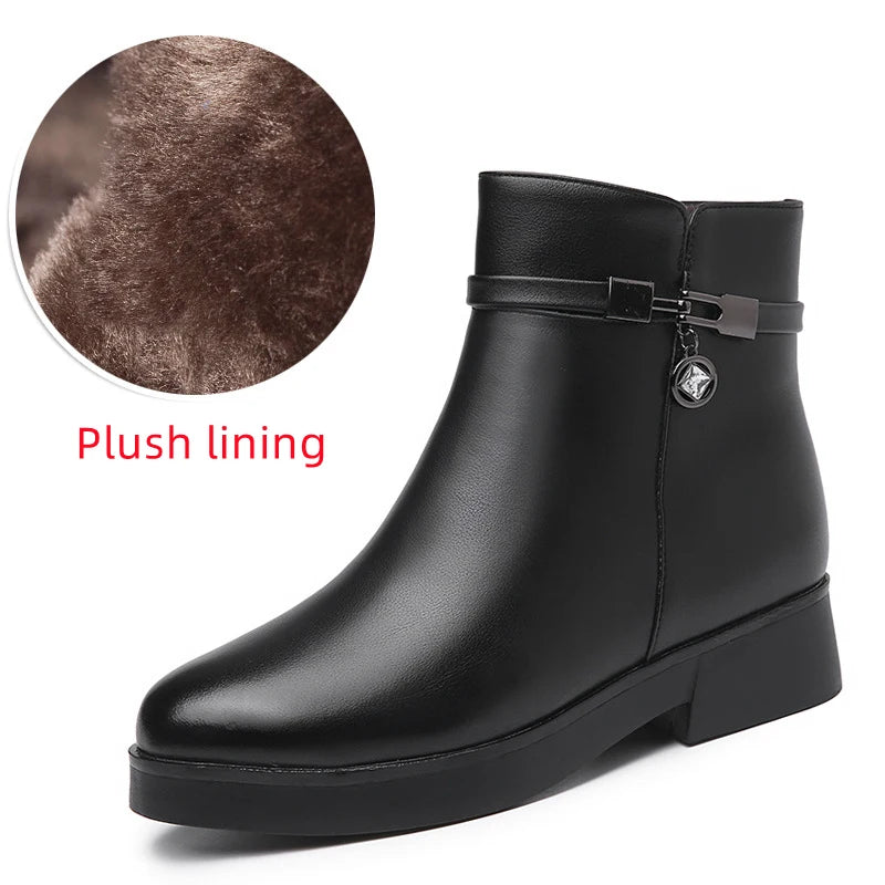 WOIZGIC Femmes Mère Femme Dames En Cuir Véritable Bottines Bottes Plateforme Laine Peluche Fourrure Chaude Hiver Fermeture Éclair Grande Taille 42 43