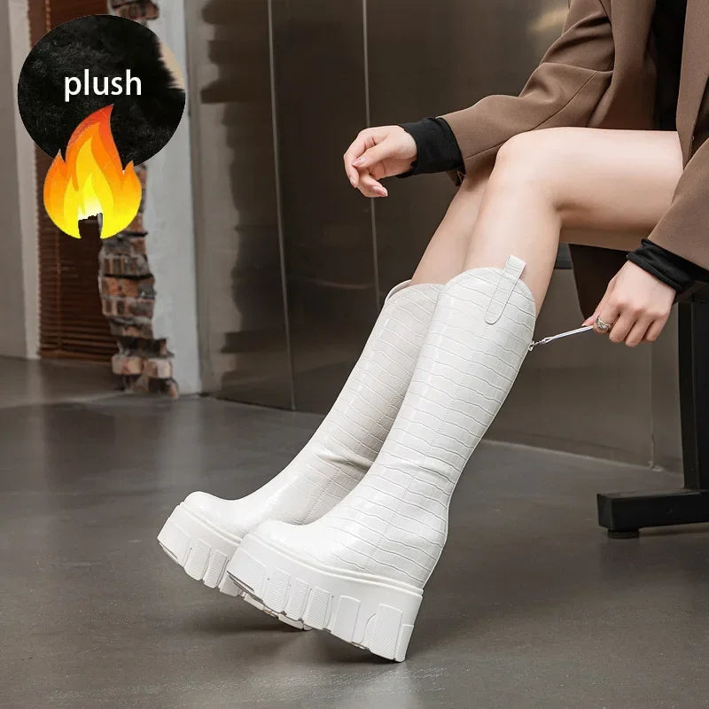 Fujin 14cm 2024 Patent Microfiber Leather Women Boots Spring Block Knee High Platform Wedge Fashion Autumn Booties Zipper Shoes