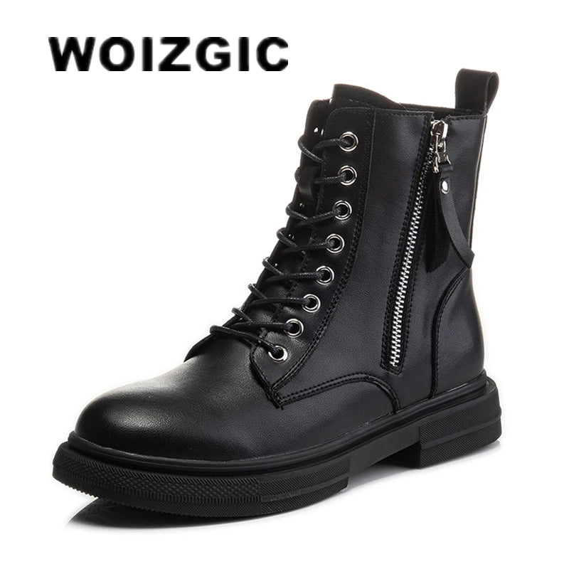 WOIZGIC Femmes Dames En Cuir Véritable Femmes Chaussures Bottines Plateforme À Lacets Chaud Hiver Automne Fourrure Peluche Moto