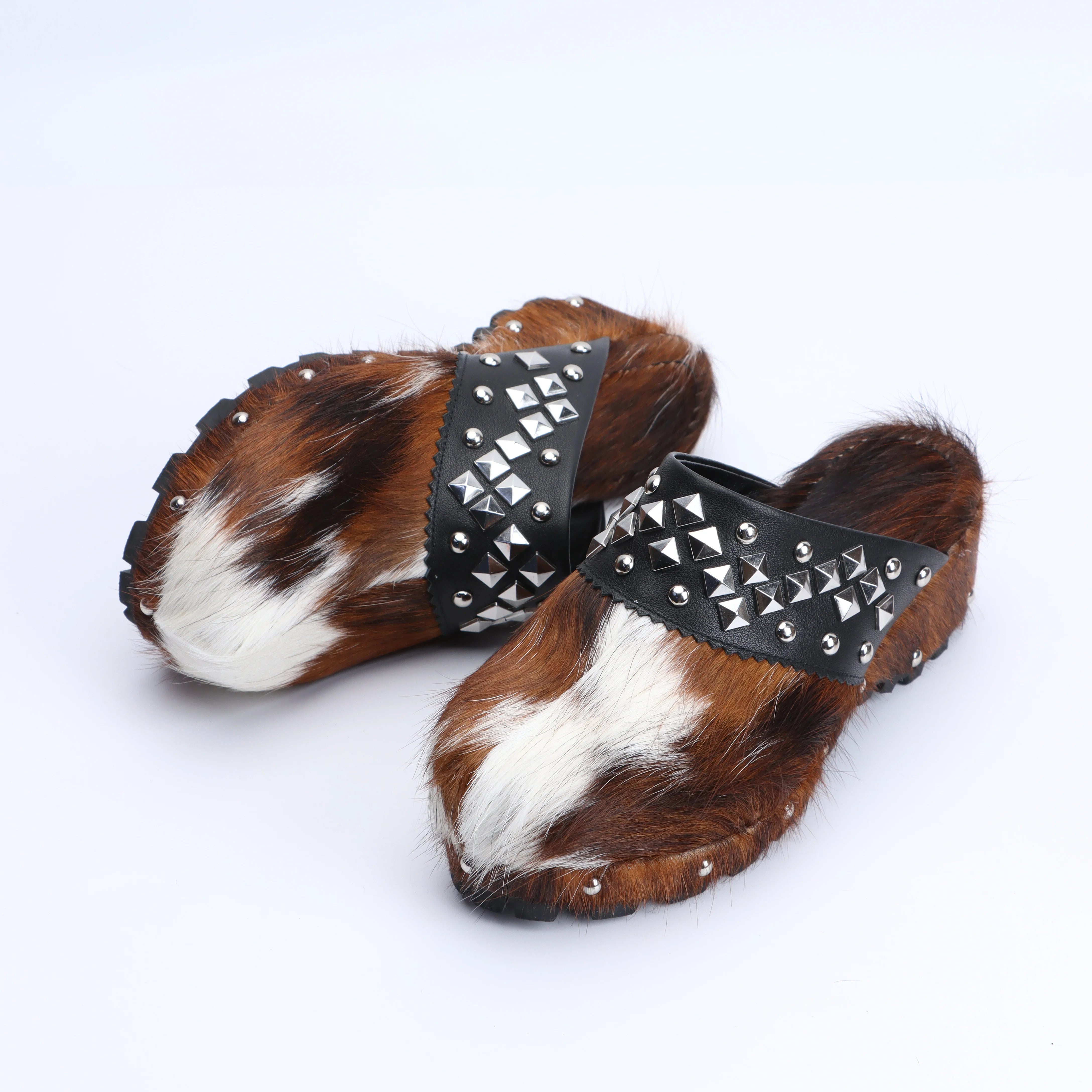 Trendy 2025 Summer Slides Luxury Designer Mule Sandals for Women, Handmade Cowhide Fur, Rubber Sole, Geometric Metal Decor