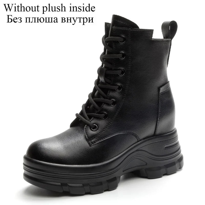 DRKANOL Fashion Women Height Increasing Boots Autumn Winter Warm Plush Platform Ankle Boots For Women Real Cowhide Wedges Shoes