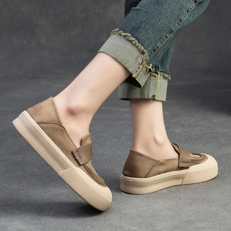 DRKANOL 2025 Fashion Spring Shoes Women Slip On Flat Loafers Shallow Real Cow Leather Literary Style Thick Bottom Lazy Shoes