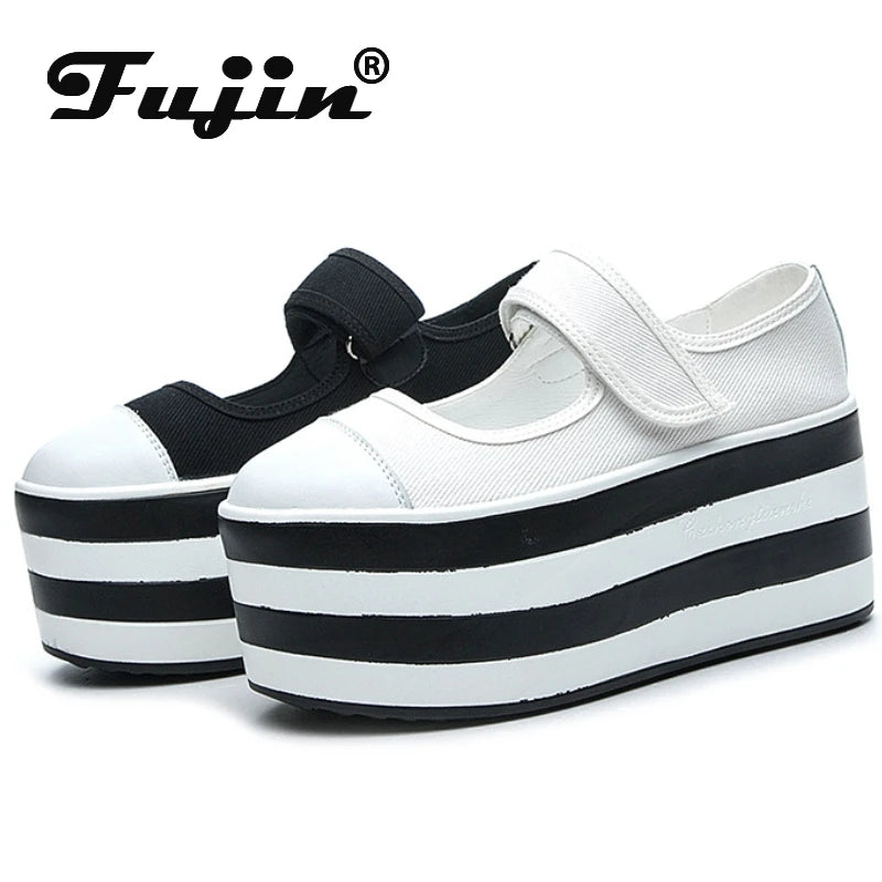 Fujin 8cm Street Style Denim Summer Female Platform Wedge Flats Breathable Women Boots Mary Jane Casual Spring Hook Shoes