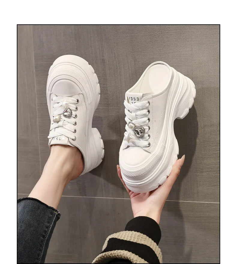 Fujin 9cm Denim Leather Platform Wedge Flats Shoes Chunky Sneaker Casual Comfy Platform Wedge High Brand Slipper Shoes