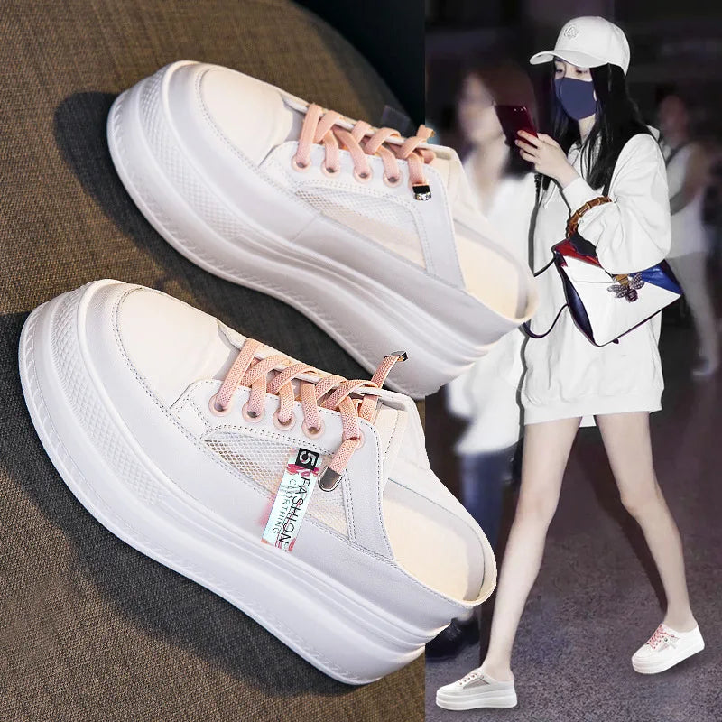 Fujin 2024 Genuine Leather Women Summer Shoes 8cm Platform Wedge Sneakers Beach Shoes Sandals Mules Slippers Sliades Air Mesh