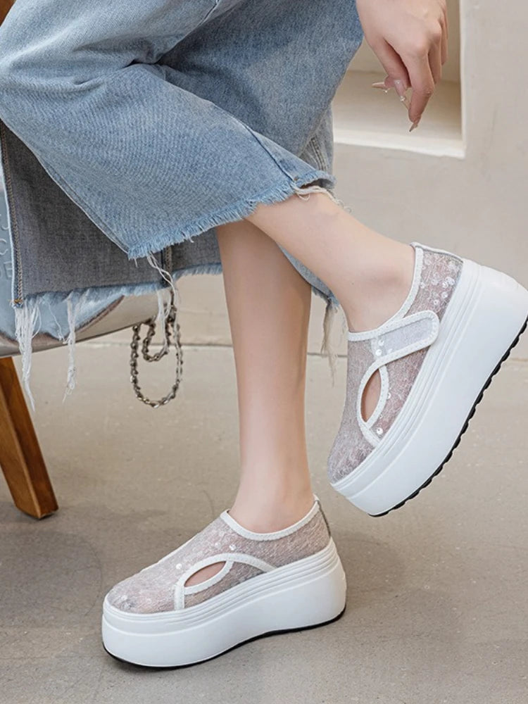 Fujin 8cm White Platform Sneakers for Women Casual Shoes Chunky Platform Sneakers Fashion Female Summer Shoes Sandals Slip on