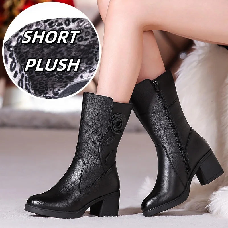 WOIZGIC Femmes Dames Mère En Cuir Véritable Bottes Mi-mollet Chaussures Fourrure Chaude Peluche Hiver Fermeture Éclair Fleur Trajet Antidérapant