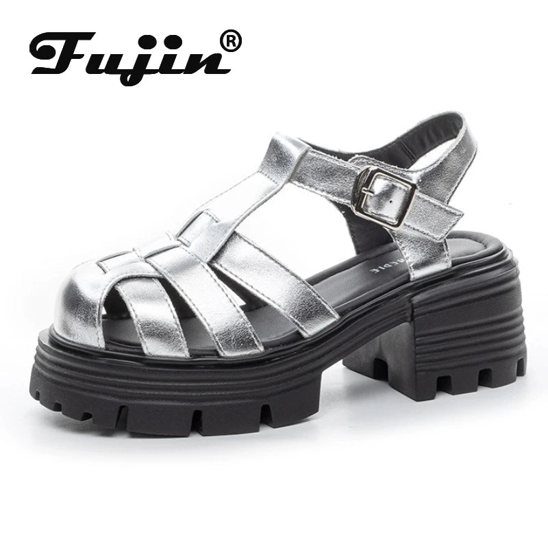 Fujin 7cm Patent Synthetic Microfiber Leather Chunky Sneakers Slippers Platform Wedge Sandals Slipper Flats Pumps Women Shoes