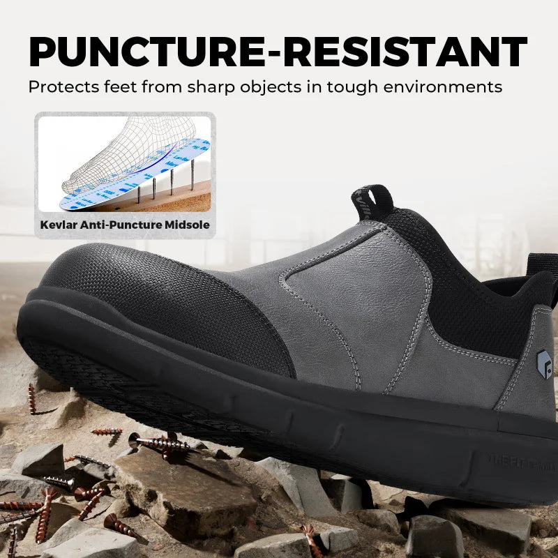 FitVille Widened Men'S Work Shoes Slip-On Composite Steel Toe Shoe Safe Puncture-Proof For Swollen Feet For Construction Sites