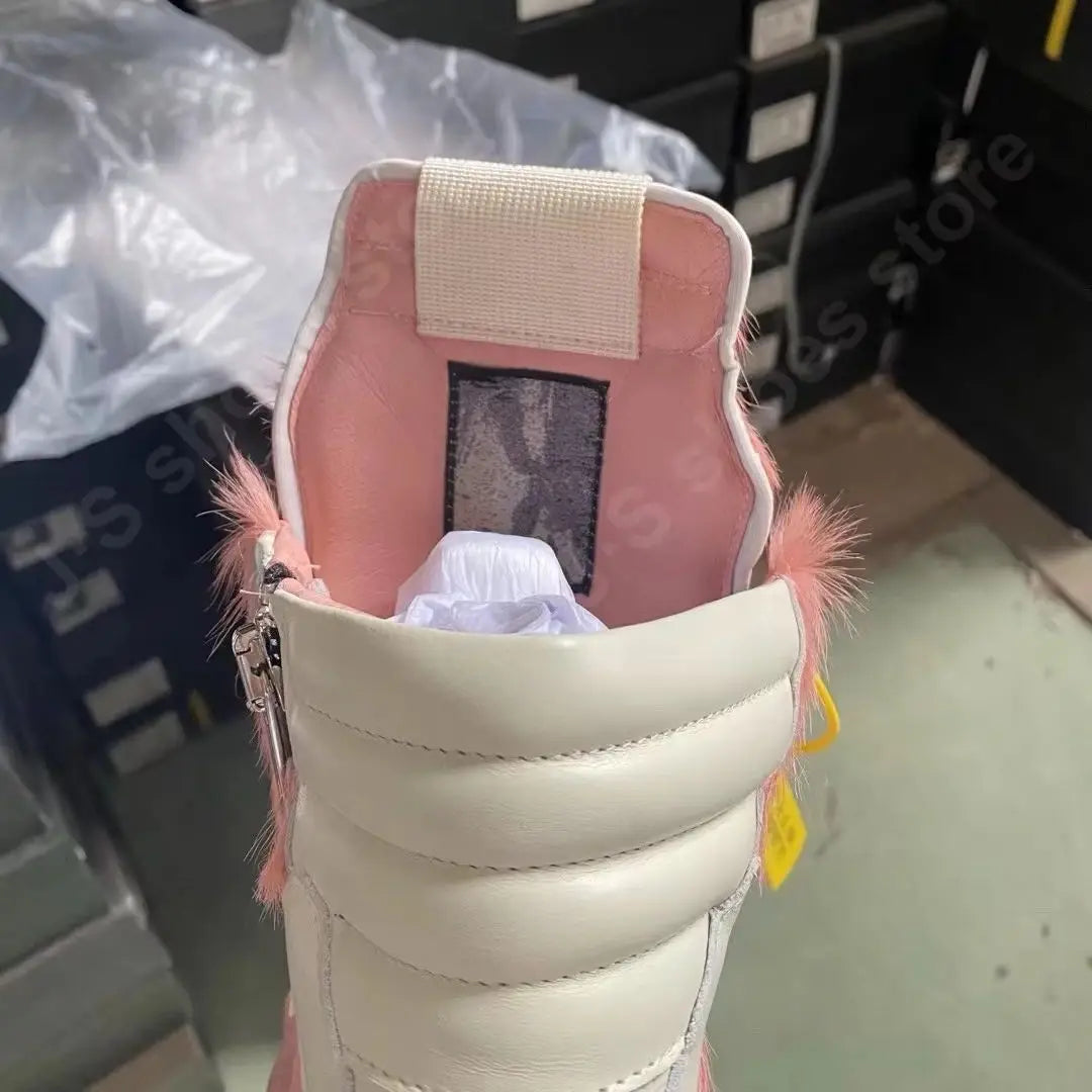 R-o Classic Boots Men Shoe Pink Horse Hair Women High Top Shoes Sneaker White Leather Pink Horsehair Ankle Boot Outside Sneakers