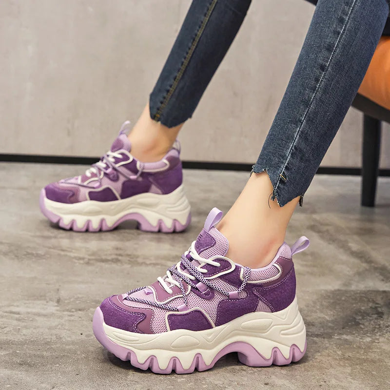 Koznoy 8CM Air Mesh Suede Genuine Leather Thick Bottom Flats Chunky Sneakers Women Causal Platform Wedge Summer Fashion Shoes