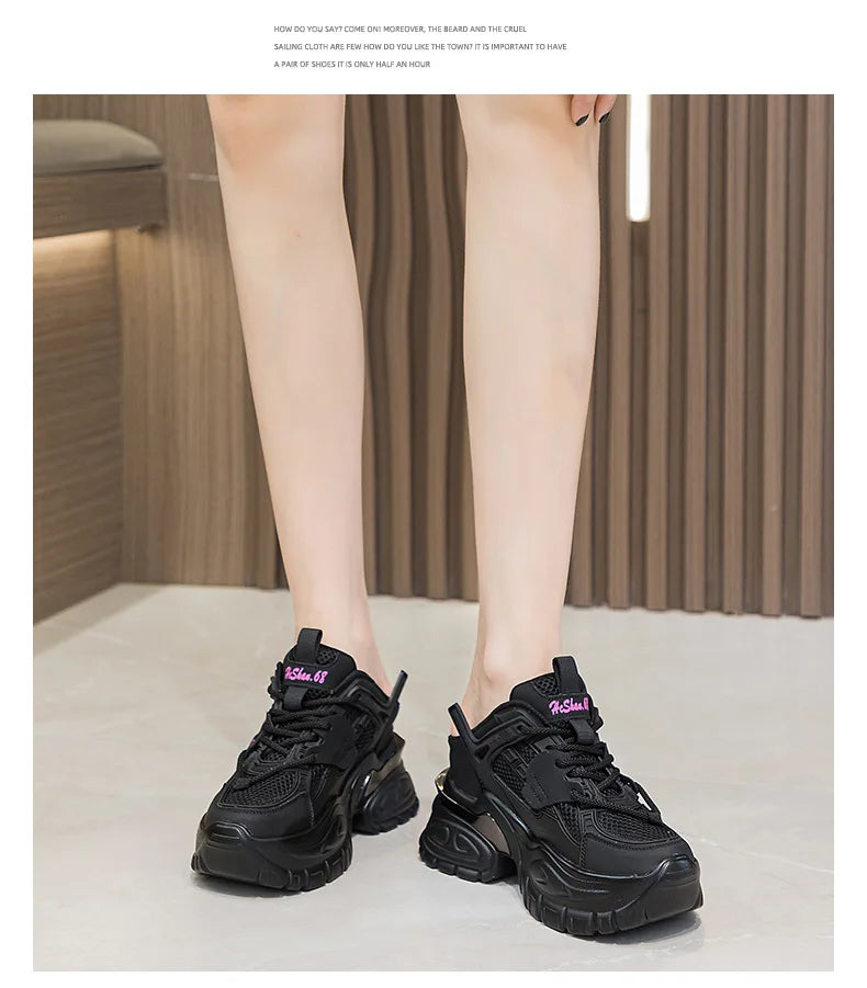 Fujin 10.5cm Air Mesh Genuine Leather Women Chunky Fashion Sneakers Platform Wedge Breathable Slippers Comfy Hollow Summer Shoes