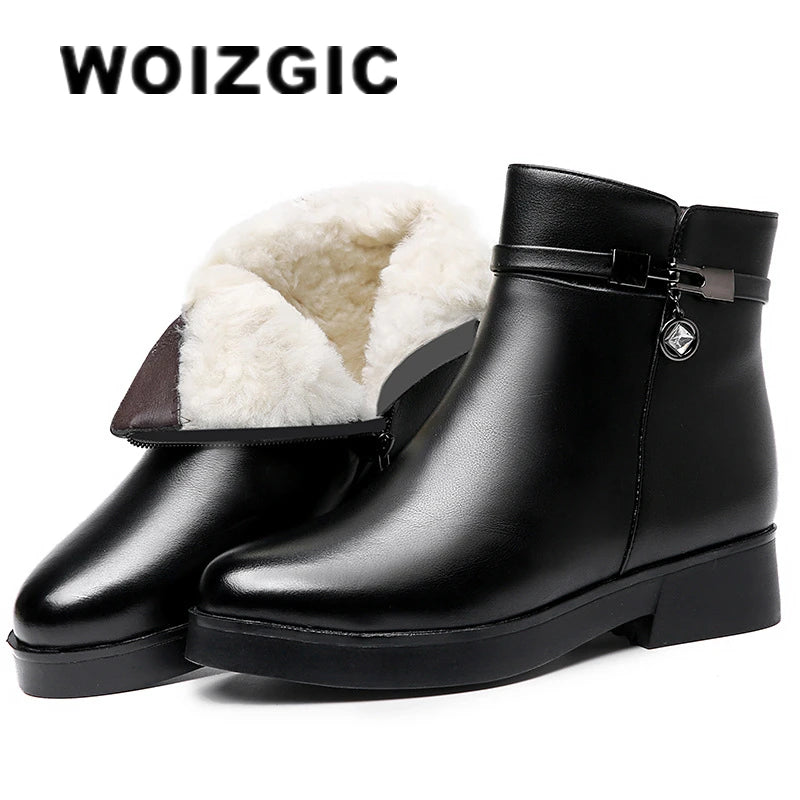 WOIZGIC Femmes Mère Femme Dames En Cuir Véritable Bottines Bottes Plateforme Laine Peluche Fourrure Chaude Hiver Fermeture Éclair Grande Taille 42 43
