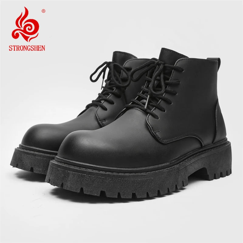 STRONGSHEN Men Ankle Boot High-top Platform Motorcycle Boots Outdoor Fashion Classic Punk Boots Non-slip Leather Casual Shoes