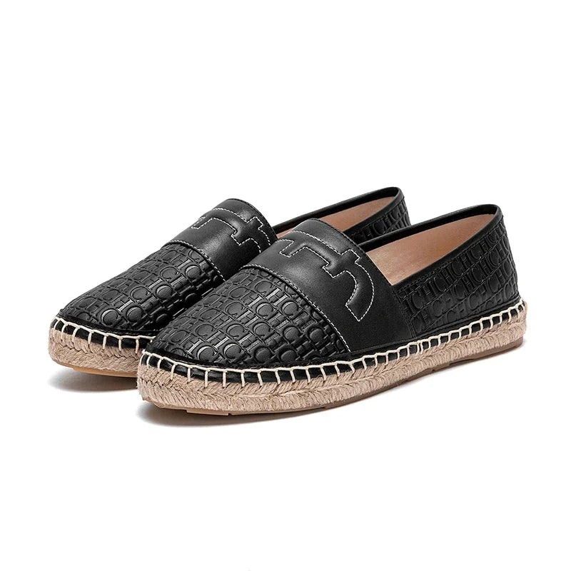 Women's Shoes 2025 Luxury Brand New Loafers Straw Shoes Flat Casual Shoes Black Brown Leather Woman Shoes