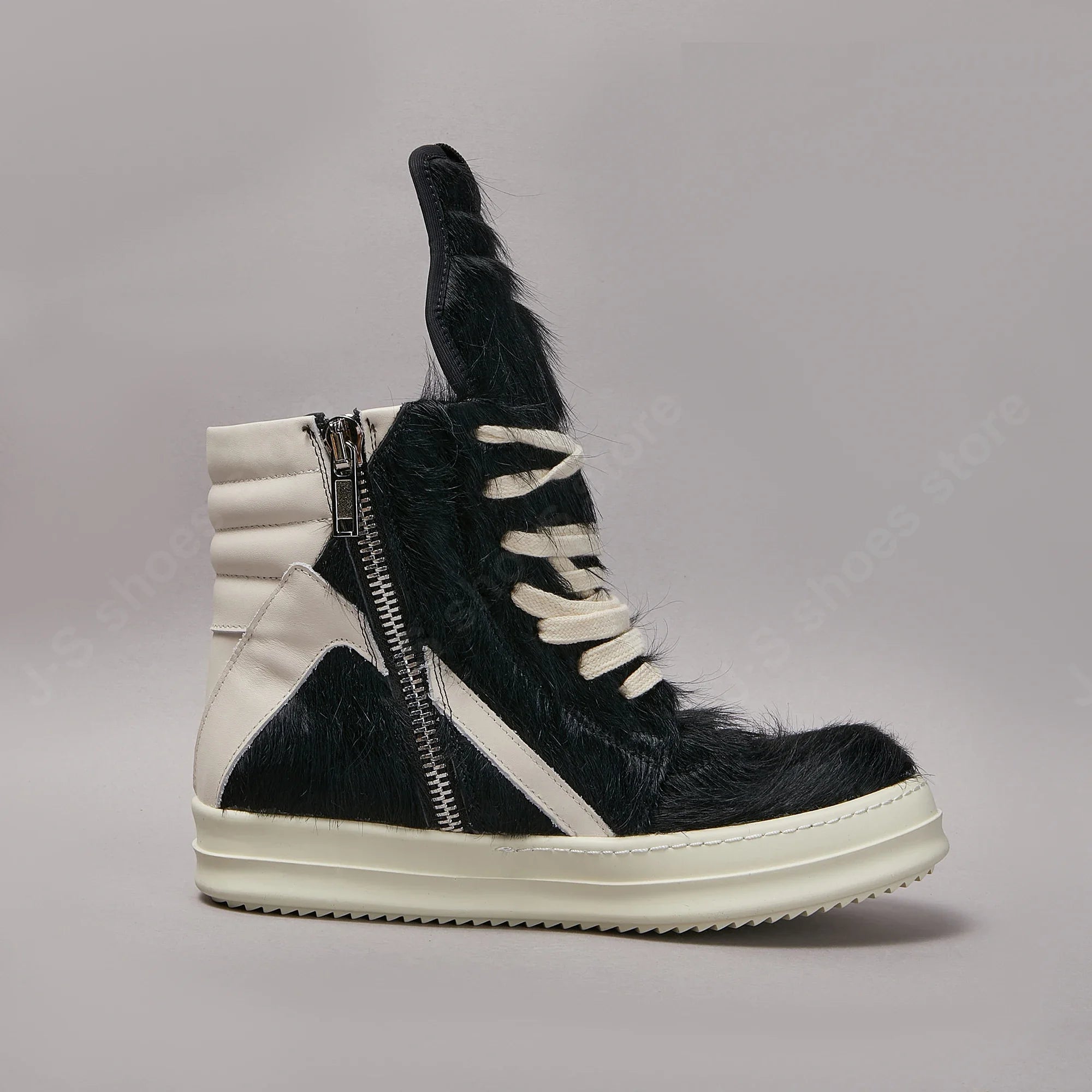 Ro Casual Shoes Men High Top Shoe Black Horse Hair Women Sneaker Black Horsehair Ankle Boot White Leather Boots Flat Sneakers