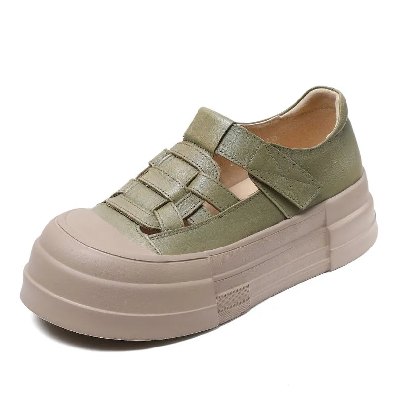 DRKANOL 2025 Fashion Genuine Leather Chunky Platform Shoes Summer Woven Hollow Breathable Thick Bottom Loafer Casual Roman Shoes