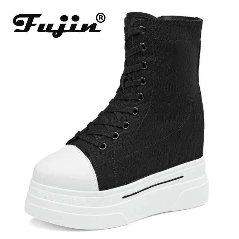 Fujin 14cm New Denim Women Autumn Spring Hidden High Synthetic ZIP Ankle Booties Flats Platform Wedge Ankle Boots Fashion Shoes