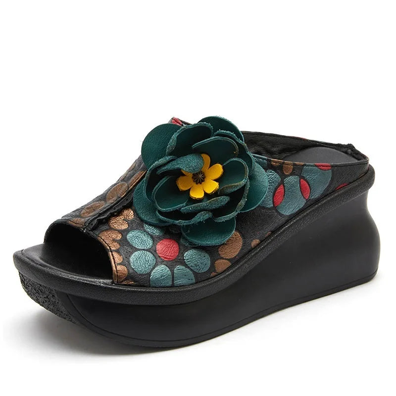 DRKANOL Summer Outside Wedges Slippers Women Printing Flowers Genuine Leather Peep Toe Platform Slippers Rthnic Style Slides