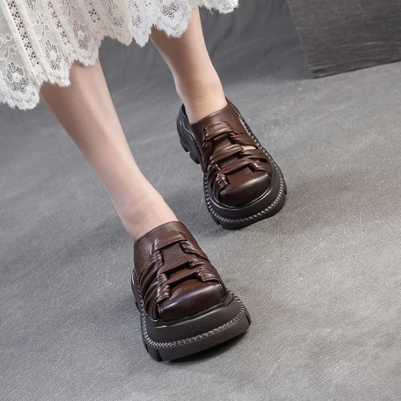 DRKANOL Women Slippers Summer 7cm Height Increasing Wedges Platform Slippers Woven Genuine Cow Leather Outside Casual Slides