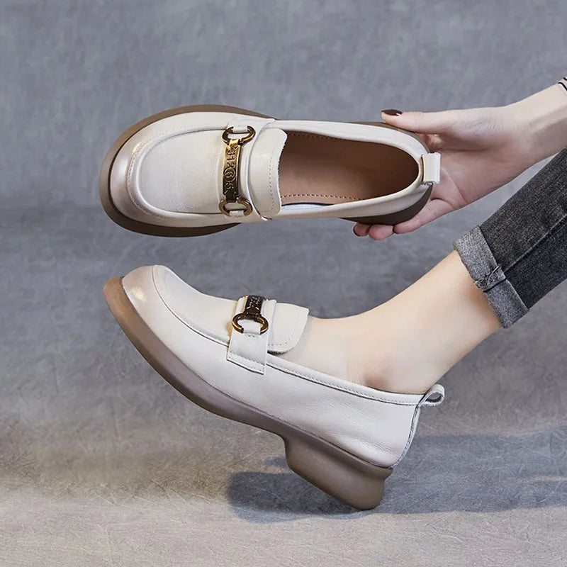 DRKANOL Women Slip On Loafers 2025 Spring Shallow Genuine Cow Leather Trend Metal Mid Thick Heel Casual Single Shoes Black Beige