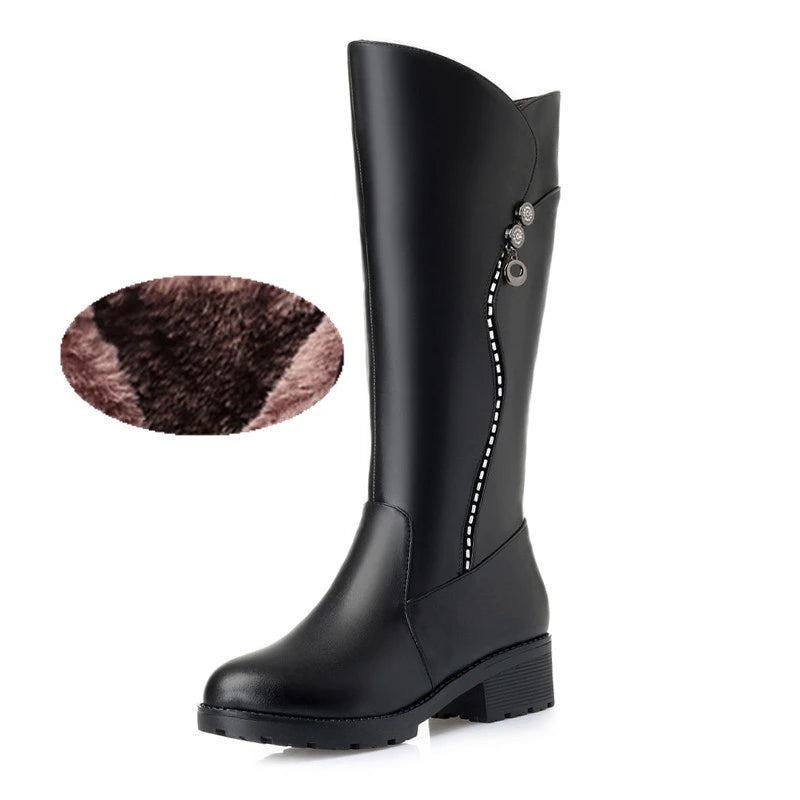 WOIZGIC Bottes en cuir véritable pour femme, plateforme, laine, fourrure, chaudes, hiver, talon moyen, fermeture éclair, grande taille 42 43
