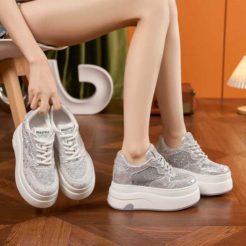 AUTUSPIN 10cm Full Crystal Women Shoes High Internal Increased Height Woman Shoes Fashion Shiny Rhinestones Platform Sneakers