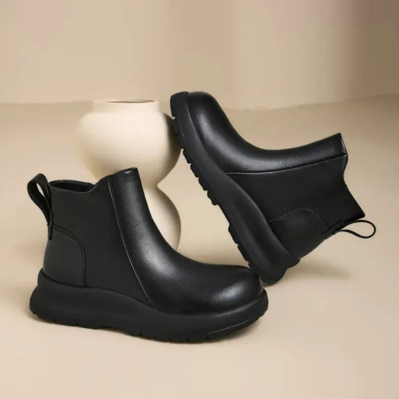 DRKANOL 2025 Thick Sole Platform Snow Ankle Boots For Women Wedges Heel Genuine Leather Short Boots Ladies Plush Fur Warm Shoes