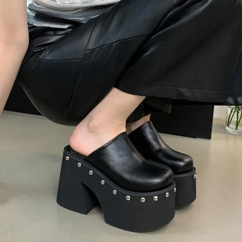 Fujin 11cm PU Leather Women Fashion High Heels Pumps Platform Wedge Summer Round Big Toe Ladies Sandals Big Size Slippers Shoes
